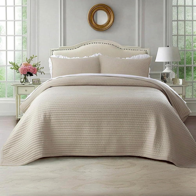 KASENTEX Queen XL Quilt Set 98"x98" – Soft Washed 3-Layer Lightweight Bedspread, Minimalist Nordic Design, All-Season Spring & Summer Quilt Set (1 Quilt + 2 Pillow Shams),Light Taupe
