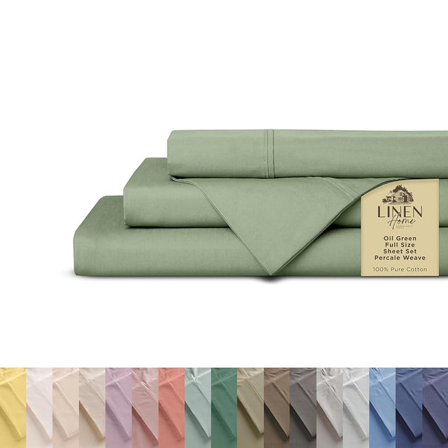 Linen Home 100% Cotton Percale Sheets Full Size, Oil Green, Deep Pocket, 4 Pieces Set - 1 Flat, 1 Deep Pocket Fitted Sheet and 2 Pillowcases, Crisp Cool and Strong Bed Linen