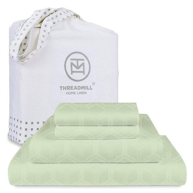 Threadmill 100% Cotton Sheets for Queen Size Bed - 600 Thread Count Queen Bed Sheets Set with 16” Deep Pocket - Jacquard Sateen Weave 4-Piece Bedding Set with Cooling Effect, Sage Green