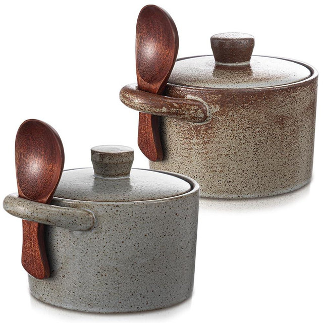 Honeydak Speckled Ceramic Salt Cellar with Lid and Wooden Spoon, Rustic Farmhouse Salt Pepper Cellar Holder for Valentines Day,Housewarming Gift, Heavyweight Spices Jar(Light Gray Retro Color,2 Set)