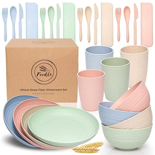 FOODLE Wheat Straw Dinnerware Sets - (28pcs) Lightweight & Unbreakable Dinnerware Set - Microwave and Dishwasher Safe - Eco friendly & Reusable Plates, Cups, Bowls and Cutlery - Great for Kids & Adult