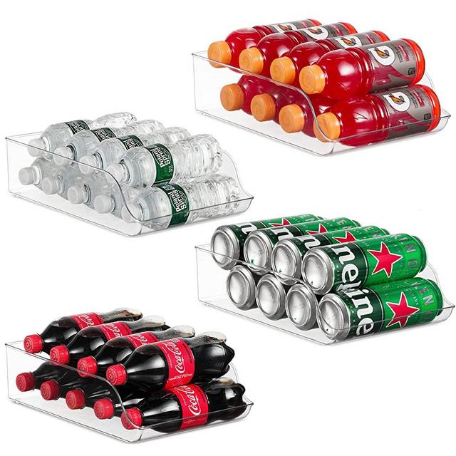 Set Of 4 Refrigerator Organizer Bins Plastic Fridge Water Bottle Storage Dispenser, Pop Soda Can and Drink Holder for Pantry Kitchen Cabinets and Freezer, BPA Free, Clear