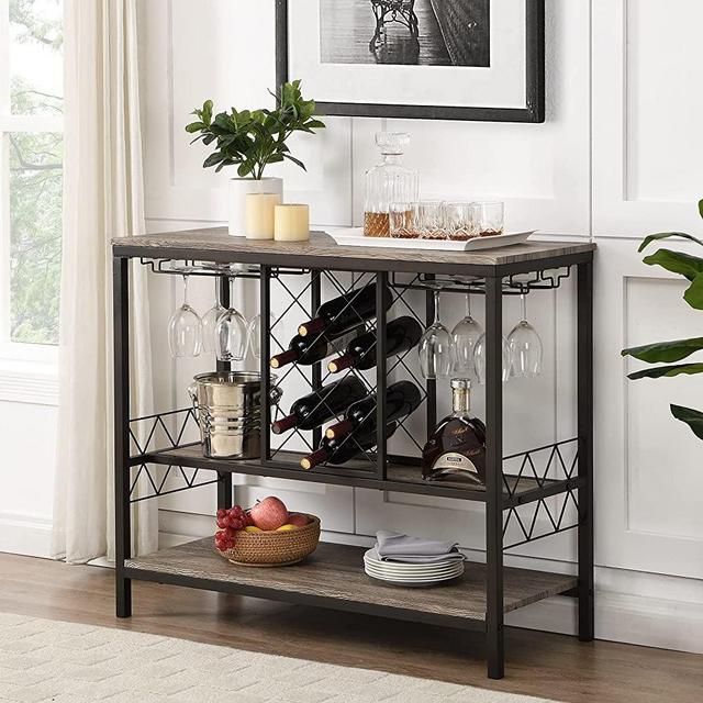 O&K Furniture Wine Rack Table with Glass Holder, Wine Bar Cabinet, Liquor Buffet Cabinet with Storage, Grey