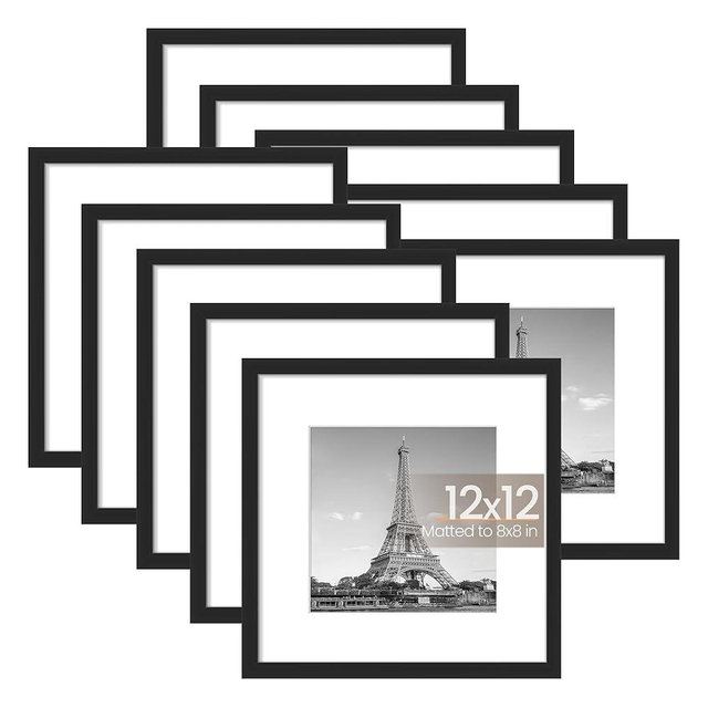 upsimples 12x12 Picture Frame Set of 10, Display Pictures 8x8 with Mat or 12x12 Without Mat, Multi Photo Frames Collage for Wall or Tabletop Display, Black