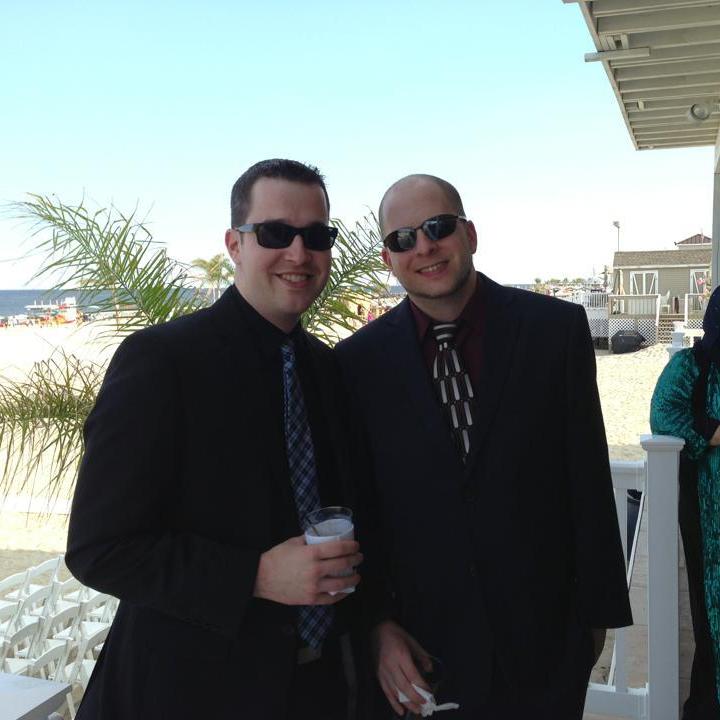 Our standard other people's wedding outfits, dark suits, funky ties, sunglasses