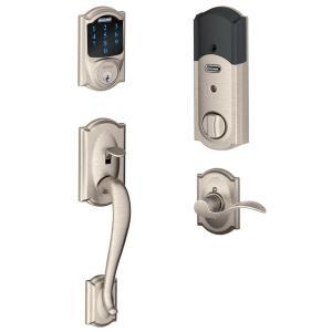 Connect Camelot  Touchscreen Deadbolt with Alarm and Handleset with Accent Interior Lever- Satin Nickel