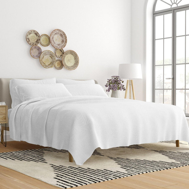 Linen Blend Premium Luxury Solid 4PC Bed Sheets Set - Becky Cameron, White, King