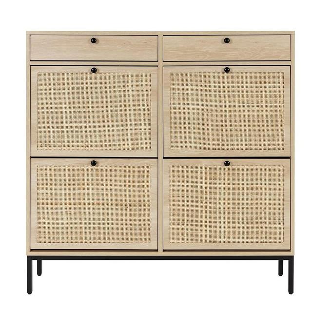 XIAO WEI Shoe Cabinet, Natural Rattan Shoe Storage Organizer Cabinet with 4 Flip Drawers, Freestanding Shoe Rack with Adjustable Shelf for Entryway, Living Room