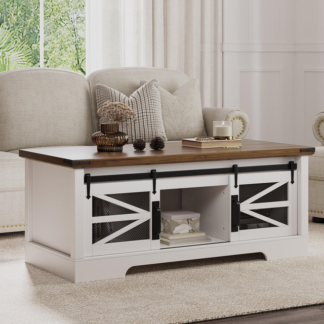 Farmhouse Coffee Table, Lift Top Coffee Table with Storage & Sliding Groove Barn Door,Rustic Coffee Tables,brown