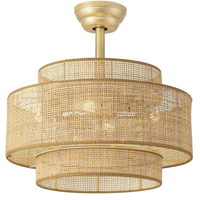 Boho Fandelier Ceiling Fan with Light Rattan Chandelier Fan Remote Gold Caged Ceiling Fan with Light for Bedroom, Living Room Nursery Foyer Kitchen（6 Speed, Timing Adjustable Height）