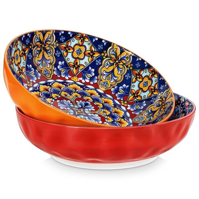 vancasso Large Serving Bowls, 78 Oz Extra Large Salad Bowls Set of 2, Bohemian Decorative Bowls for Salad, Fruit, Pasta and Dinner, Serving Dishes Set for Party, Dishwasher & Microwave Safe－Red