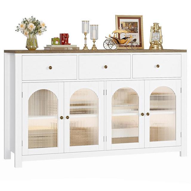 finetones Buffet Cabinet with Storage, 55.1" Large Sideboard Buffet Cabinet, Farmhouse Kitchen Cabinet Display Cabinet with 3 Drawers and 4 Doors, Wood Coffee Bar Cabinet for Kitchen Dining Room