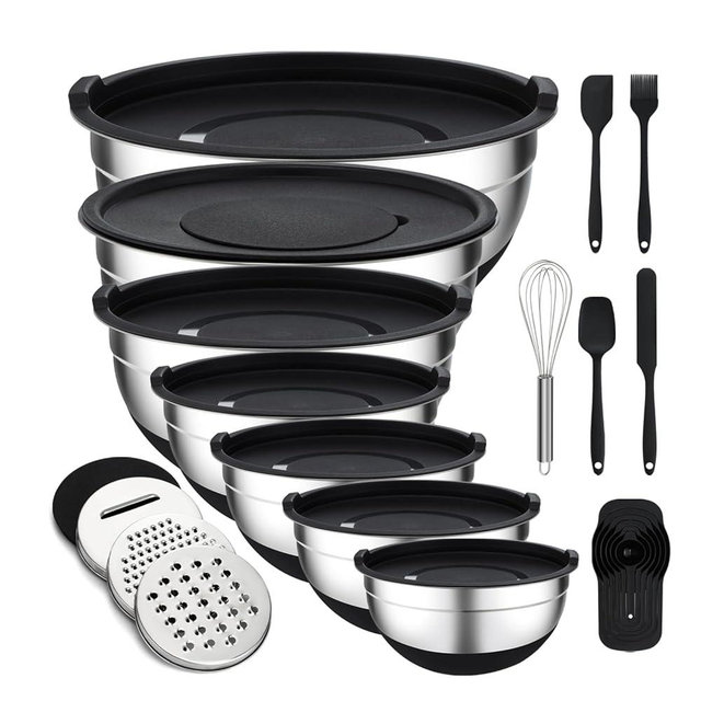 Unokit Mixing Bowls with Lids Set, 7 Pcs Stainless Steel Mixing Bowls with 3 Grater Attachments, Non-Slip Silicone Base Mixing Bowl Set, Sizes 4.5, 4, 3.5, 2.1, 1.5, 1.1, 0.7 Qt for Mixing, Serving