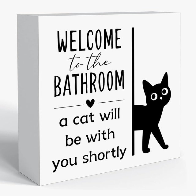 Sahjzk Cat Lover Bathroom Wooden Box Sign - 5x5 Inch Funny Cat Decor for Bathroom, Black Cat Themed Gift for Cat Lovers Home Decor