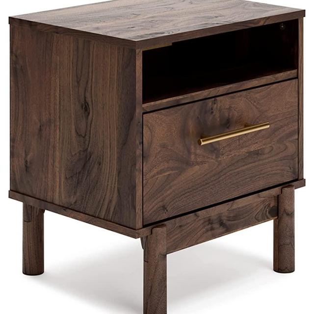 Signature Design by Ashley Calverson Modern 1 Drawer Nightstand with Open Cubby, Dark Brown