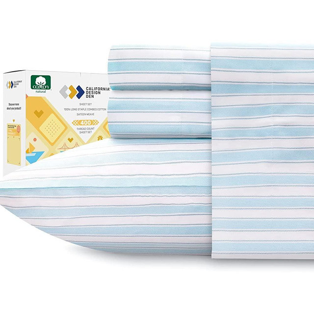 California Design Den 100% Cotton 400 Thread-Count Bedsheets - 4-Piece Cape Stripe - Sky Blue Printed California King Sheet Set - Long Staple Cotton, Sateen Weave, Deep Pockets Fit Mattress 16''