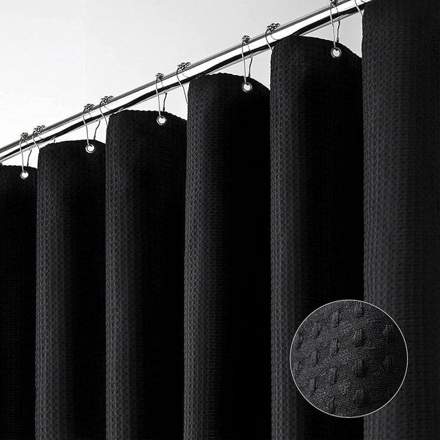 Dynamene Long Black Fabric Shower Curtain - Waffle Textured Tall Heavy Duty Cloth Shower Curtains for Bathroom, 256GSM Large Hotel Spa Luxury Bath Curtain Set with 12 Plastic Hooks(72Wx80H, Black)