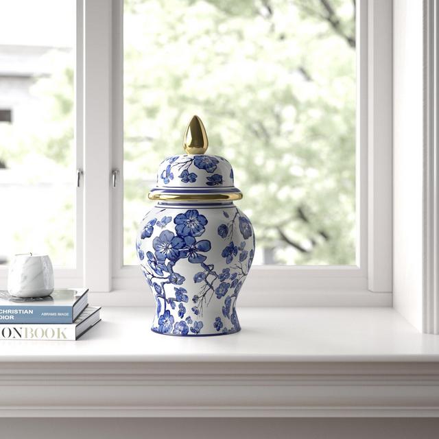 Lorinda Blue/White/Gold 14'' Ceramic Ginger Jar