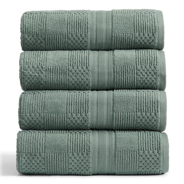 Springtree Home 100% Cotton Bath Towel Set of 4 | Green Bath Towels | Geometric Textured Design | Absorbent & Quick-Dry | 4 Bath Towels | Oeko-TEX® Standard 100 Cotton | Myla Collection - Lily Pad