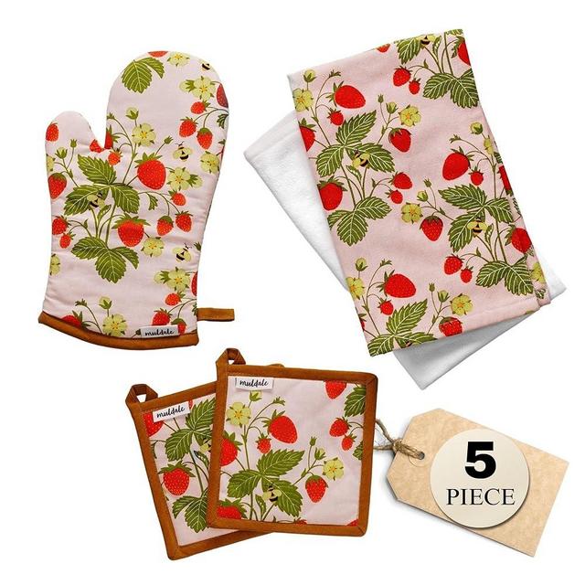 Muldale Oven Mitt and Kitchen Towel Set - Somerset Strawberry Kitchen Dish Towels and Pot Holders - 5 Pack - Cute Strawberry Kitchen Decor Accessories - Soft and Absorbent - Kitchen Mittens