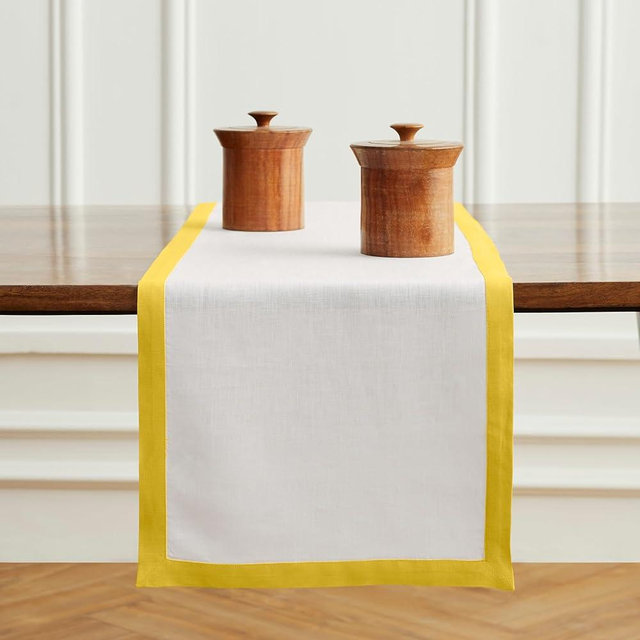 Solino Home Linen Table Runner 108 Inches Long - 100% Pure Linen Sunshine Yellow and White Dining Table Runner 14 x 108 Inch for Summer - Classic