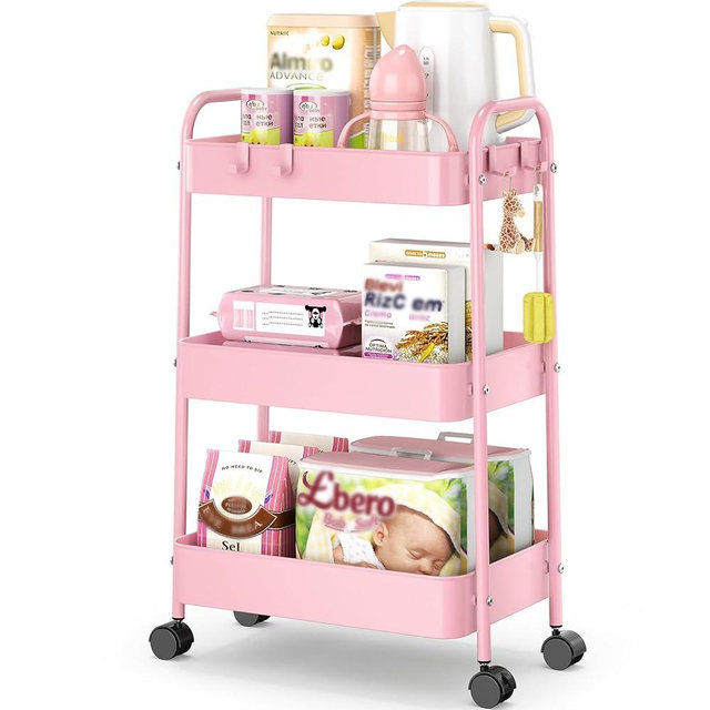 TOOLF Metal Utility Cart，3 Tier Rolling Cart wth 4 Hooks Storage Cart on Wheels Craft Cart with Handle for Organizer Storage for Classroom Office Dorm Home Pink