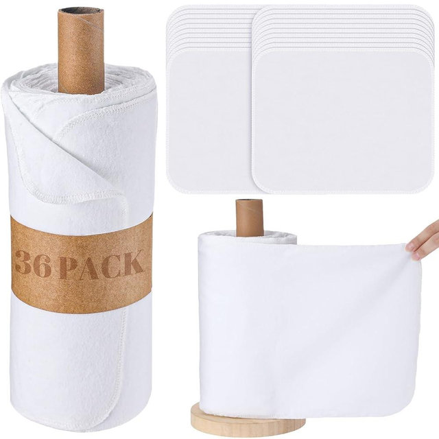Noveread 36 Pack Reusable Paper Towels Washable Paperless Towels Rolls Reusable Toilet Bidet Towels Bulk Flannel Cotton Cloth Towels Wipes Bathroom Napkins with Cardboard(White, Classic Style)