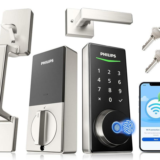 Philips WiFi Smart Lock with Front Door Handle Set, Built-in WiFi, APP Remote & Voice Control, Fingerprint Keyless Entry Door Lock, Keypad Deadbolt Smart Locks for Front Door, Auto-Lock, Satin Nickel