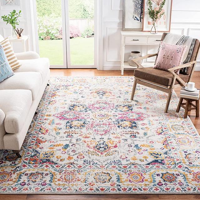SAFAVIEH Madison Collection 6'7" x 9'2" Fuchsia / Ivory MAD603R Oriental Snowflake Medallion Distressed Non-Shedding Living Room Bedroom Dining Home Office Area Rug
