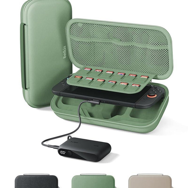 Belkin Nintendo Switch 2 Case w/Integrated 10,000mAh Power Bank Charger, Portable Hard Shell Protective Carrying Case with Pockets for AirTag, Game Cartridges for Travel - Sage