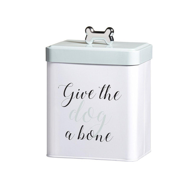 Amici Pet Marley Metal Treats Storage Canister w/ Bone Design Lid, 96 oz. , White Green Black