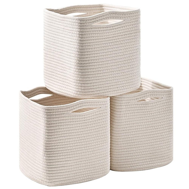 ICERZCZ 11 Inch Cube Storage Bins, Organizer Bins, Woven Cotton Rope Baskets for Storage, Storage Baskets for Organizing Shelves, White Basket for Toys, Off White (Pack of 3)