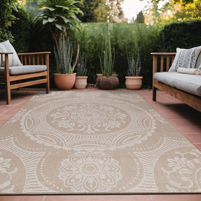 Luul Home Medallion Outdoor Rug 5x7 Washable Outside Carpet for Indoor Patio Porch Waterproof Easy Cleaning Non Shedding Area Rugs Beige 5 x 7