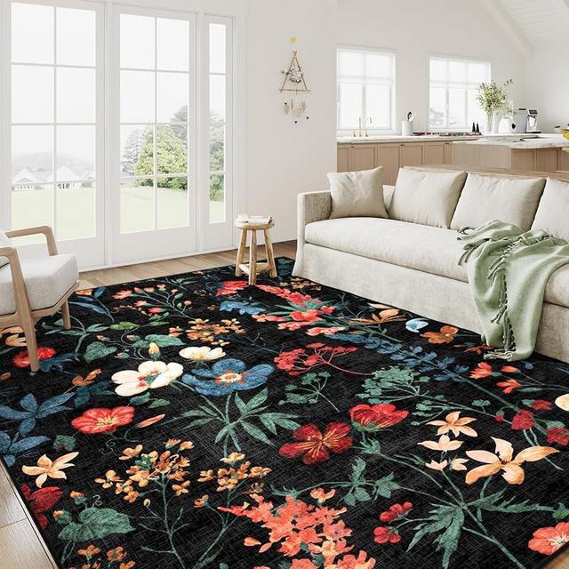 PureCozy Black Area Rug 8x10 Boho Living Room Rug Floral Washable Bedroom Carpet Non Slip Winter Indoor Rug Large Low Pile Accent Rug Lightweight Throw Rug for Office Dining Room Nursery Farmhouse