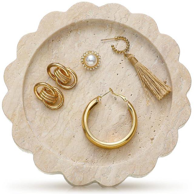 Threehoney 5.5 Inch Small Travertine Round Scallop Edge Tray Decorative Marble Jewelry Tray Stone Dish Tray for Counter Dresser Nightstand, Trinket Tray for Women Gift