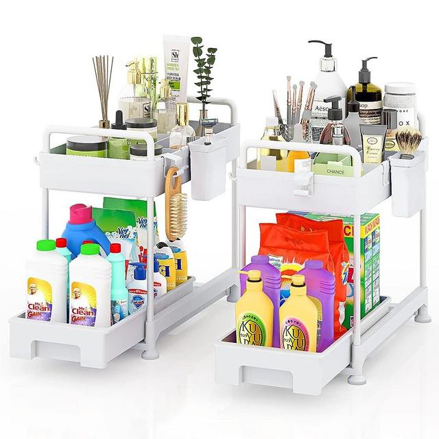 2 Pack Under Sink Organizer- Stackable 2 Tier Bathroom Storage Organizers and Storage with Hanging Cup and Hooks, White Under Sink Shelf Rack for Bathroom Kitchen Countertop Office Cabinets,White