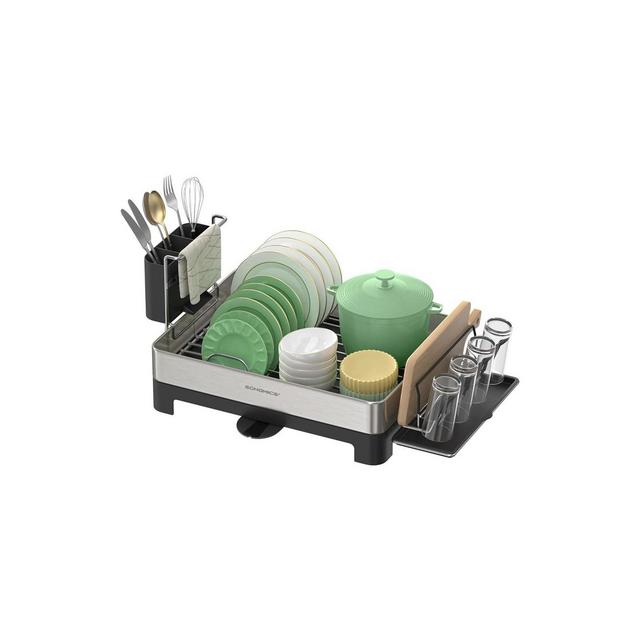 SONGMICS Dish Drying Rack, Stainless Steel Dish Rack with Rotatable Spout, Drainboard, Dish Drainers for Kitchen Counter, Silver and Black