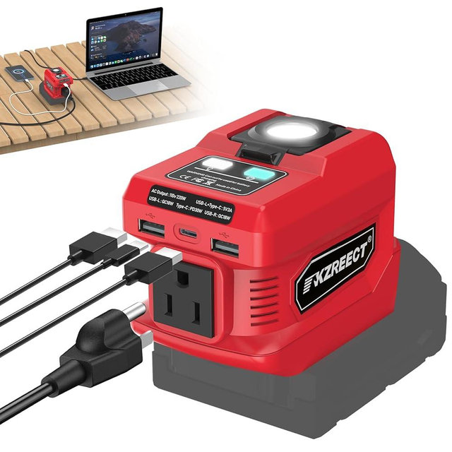 Kzreect 220W Portable Power Inverter (Tool only) Compatible with Milwaukee 18V Battery, Converts DC 18V to AC 110V with AC Outlet, USB-C, 2 USB-A & 400 Lumen LED – Outdoor, Camping & Emergency Use
