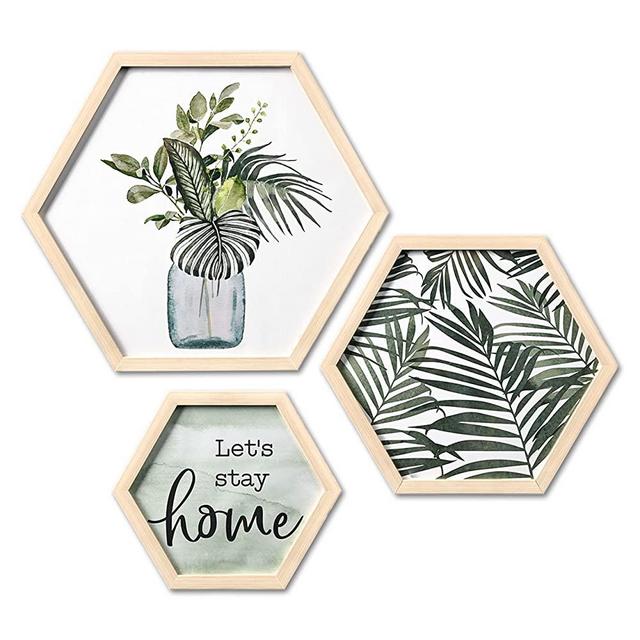 ArtbyHannah 3 Pack Hexagon Framed Botanical Wall Art with Plant Leaves Wall Decor, Picture Frame Set Gallery Wall Kit Artistic Alphabet Art Prints For Home Decoration