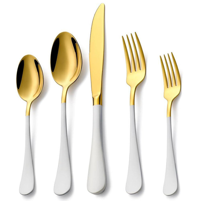 Lekoton 20 Piece Gold and White 18/0 Flatware Utensil Set for 4, Include Dinner Knife,Dinner Forks,Dinner Spoons,Salad Forks,Teaspoons,Silverware Set for 4, Dishwasher Safe