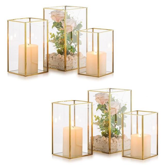 Nuptio Glass Hurricane Candle Holder Set of 6 Gold Pillar Candle Holders Large Rectangular Candleholder Table Centerpieces Decoration for Wedding Party Thanksgiving Ornaments 9.5 & 8.1 & 6.5 inch