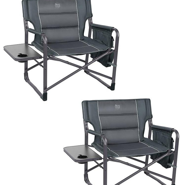 TIMBER RIDGE XXL Upgraded Oversized Directors Chairs with Foldable Side Table, Detachable Side Pocket, Heavy Duty Folding Camping Chair up to 600 Lbs Weight Capacity (Grey) Ideal Gift, 2 Pack