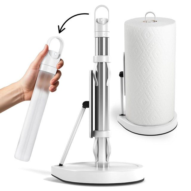 Stainless Steel Paper Towel Holder with Tension Arm and Spray Pump – One-Handed Tear, Smart Traction System, Heavy Duty Suction Cups, Weighted Base, Kitchen Towel Dispenser for Countertop Use (White)