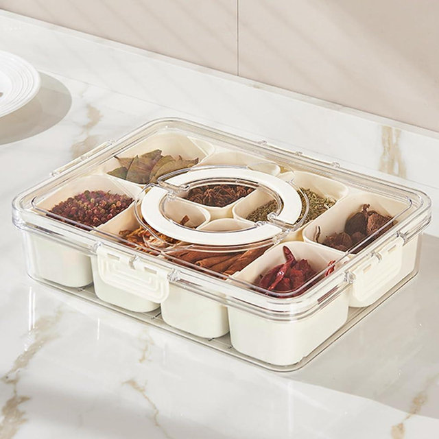 Plastic Divided Serving Tray with Lid and Handle Snack Box Charcuterie Container Portable Snack Platters Organizer for Candy, Fruits, Snacks, Nuts, for Party, Entertaining, Picnic (8 compartments)