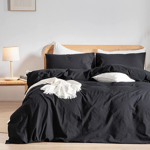BESTOUCH Duvet Cover Set 100% Washed Cotton Linen Feel Super Soft Comfortable Chic Lightweight 3 PCs Home Bedding Set Solid Charcoal Black Queen