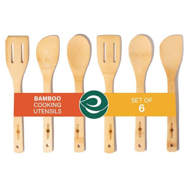 ECO SOUL - Organic Bamboo Wooden Kitchen Utensils, Non-stick Premium Quality Spatula, Cutlery, Flatware | Set of 6 - Spoons Ladles Turners for Cooking, Serving, Mixing