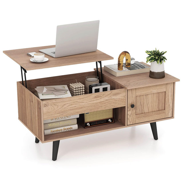 Costway Lift Top Coffee Table with Storage Hidden Compartment Cabinet & Open Shelf Natural