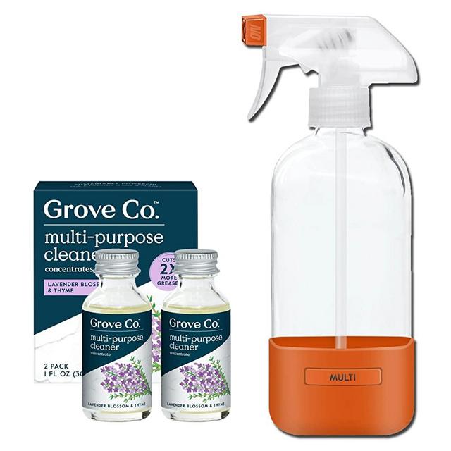 Grove Co. Multi-Purpose Cleaner, Refill Concentrate (2 x 1 Oz) + Glass Spray Bottle (16 Oz), Plant-based Household Cleaning Supplies Bundle, No Plastic Waste, Natural Lavender Blossom & Thyme Scent