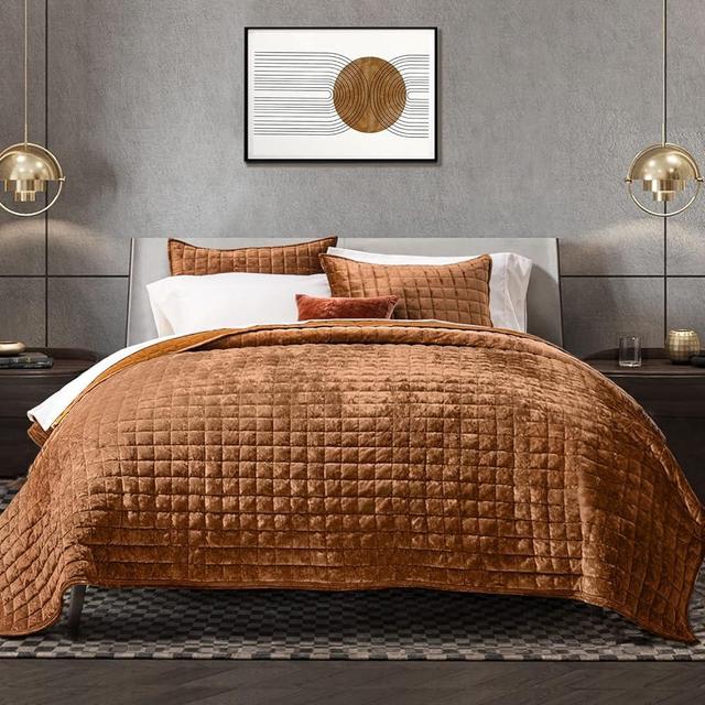RECYCO Luxury Velvet Quilt Set Full Queen Size, Lightweight Velvet Comforter Set, Oversized Bedspread Quilted Coverlet Velvet Bedding, with 2 Pillow Shams, Rusty Burnt Orange
