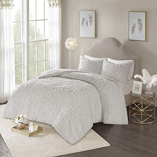 Madison Park Laetitia Comforter Reversible Cotton Chenille Flower Floral Botanical Medallion Tufted Fringe Soft Overfilled Down Alternative Hypoallergenic All Season Bedding-Set, King, Grey